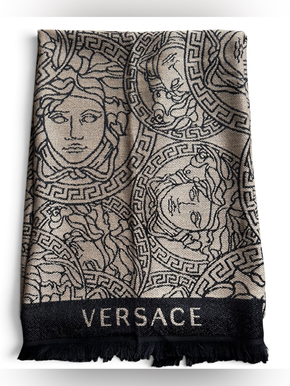Versace Medusa Jacquard Wool Blanket Scarf Shawl Wrap Black Tan Baroque Greca